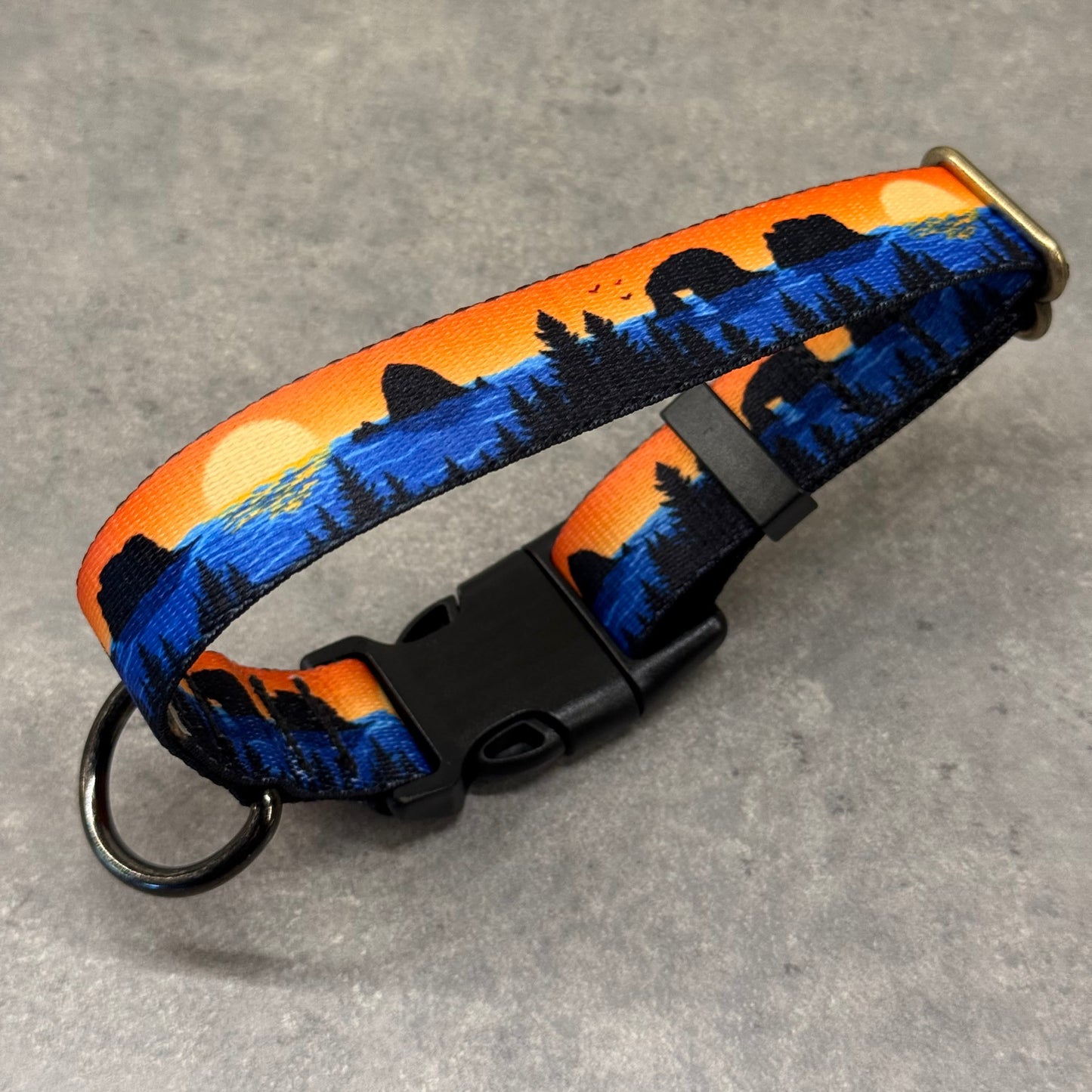 Dog collar with blue and orange design on a gray surface